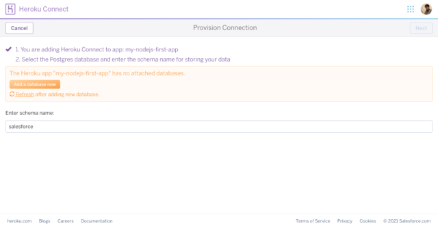 Heroku ConnectのProvision Connection画面