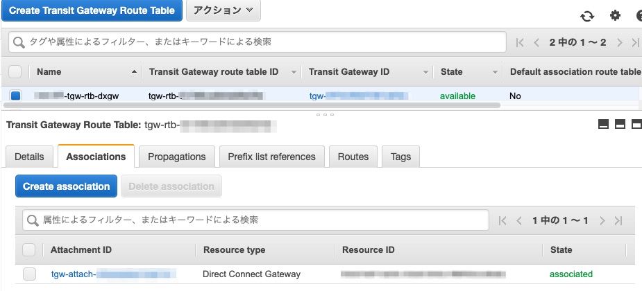 Direct Connect Gateway用のTransit Gateway Route TableとTransit Gateway Attachmentとを関連付け確認
