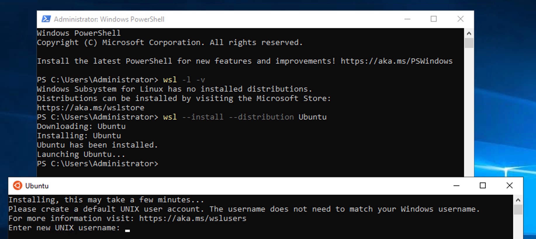 インストールが完了すると、Ubuntuのウィンドウが起動し、ユーザー名の入力が求められる
