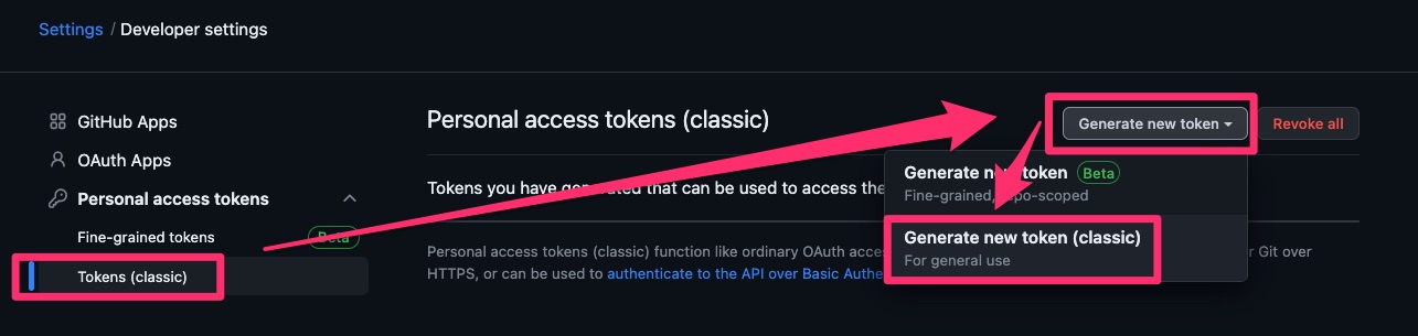 Personal access tokens (classic)の払い出し