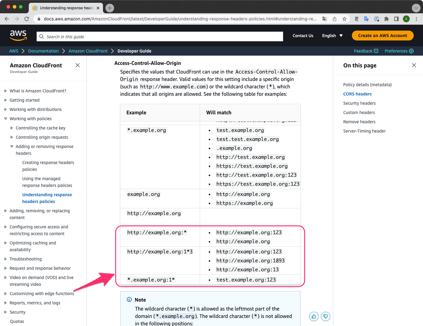 [update] Amazon CloudFrontでCORS accesscontrol headersにワイルドカードを使ったポート指定