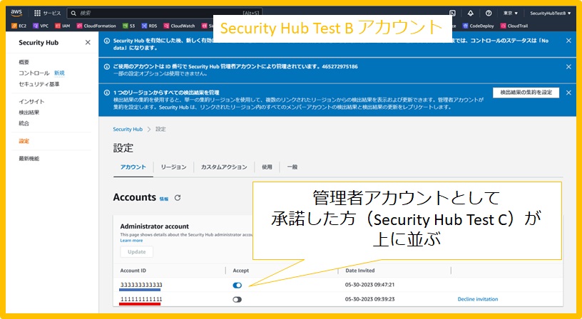 Security Hub のメンバーアカウントは一度に一つの管理者アカウントのみと関連付きます（Security Hub 管理者アカウントの ...